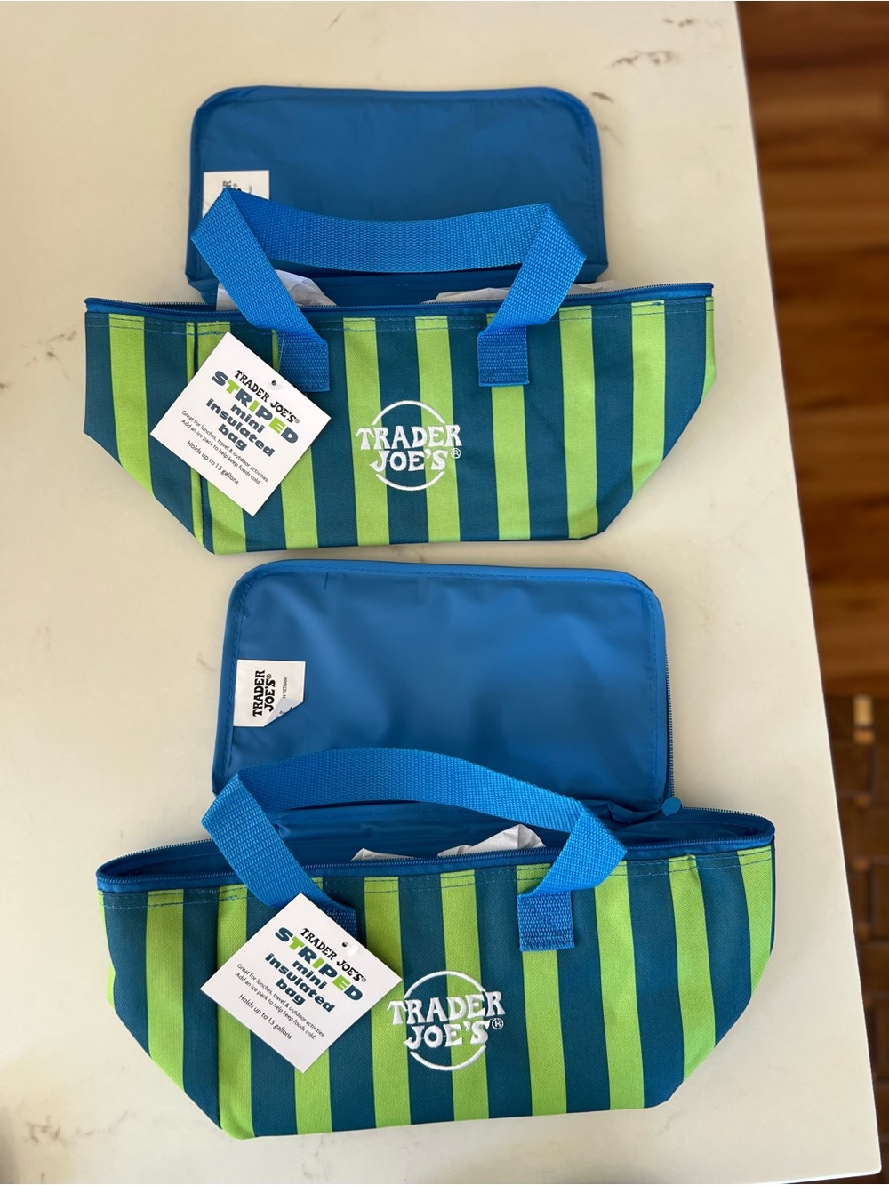 Two Trader Joe's Blue & Green Striped Insulated Tote Bags